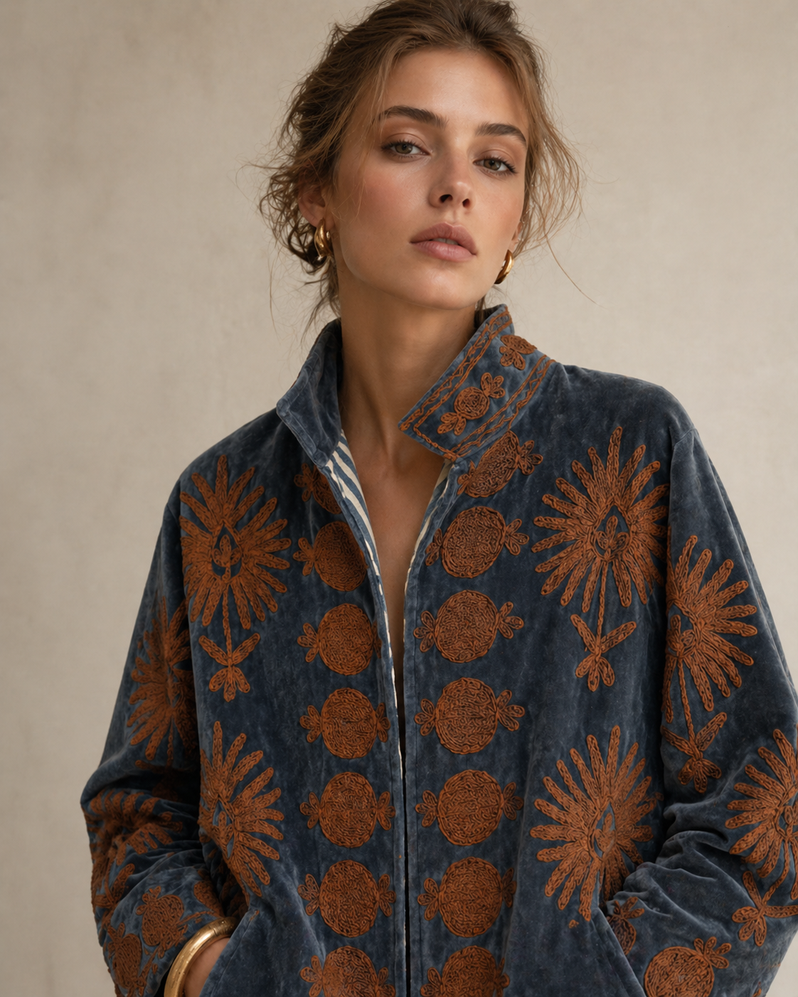 Grey Embroidered Velvet Jacket